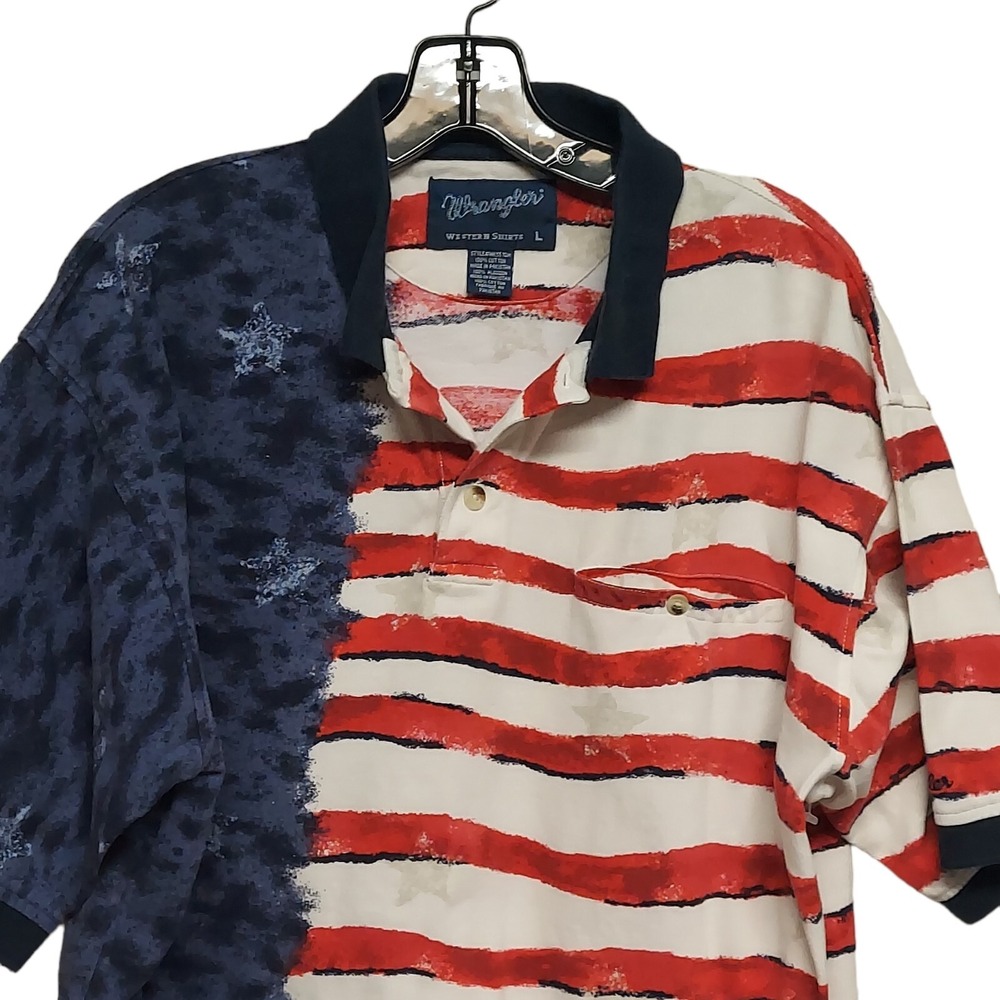 Wrangler American Flag Polo Shirt Mens Large USA‎ Patriotic Old Glory Western